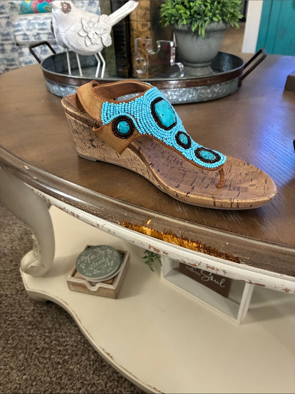 croft & barrow Turquoise Beaded Cork Wedge Thong Sandals - Brown